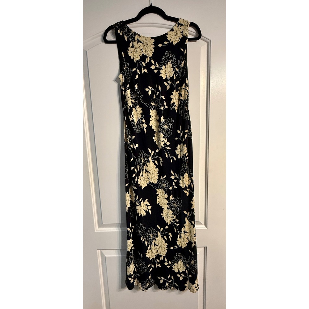 Ann Taylor Loft Maxi Dress Womens 10 Black Cream Floral Rayon Sleeveless